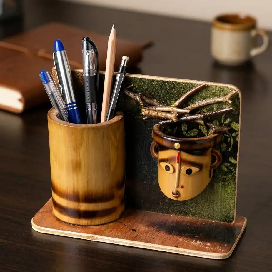 Handcrafted Bamboo Pen stand with Artistic Face Panel