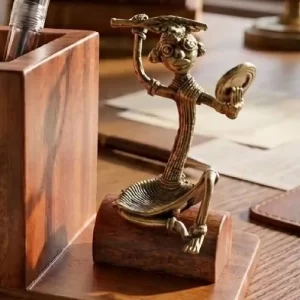 Handcrafted Mahogany Wood Pen Stand with Dokra Artwork