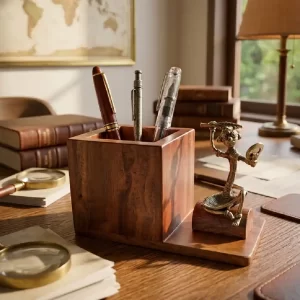 Handcrafted Mahogany Wood Pen Stand with Dokra Artwork