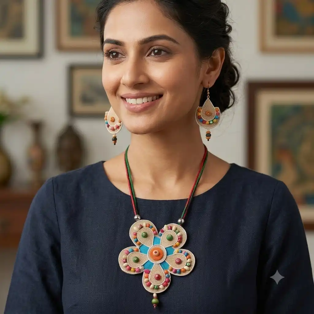 Multicolour Floral Jute Necklace Set