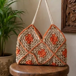 Natural Beige & Orange Jute Shoulder Bag