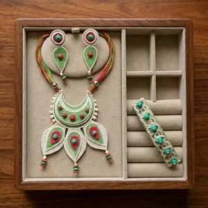 Folk Art Jute Necklace, Earrings & Hair Back Clip Set