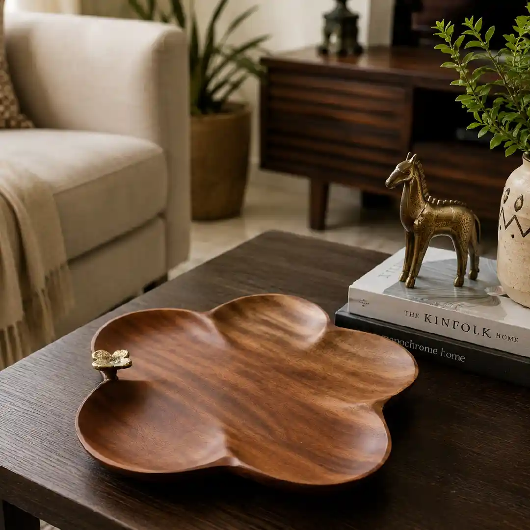 Elegant Mahogany Wood Tray with Dokra Artwork