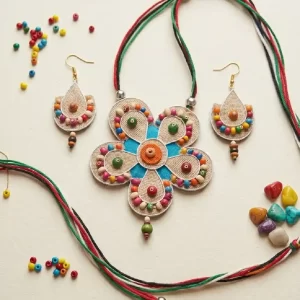 Multicolour Floral Jute Necklace Set