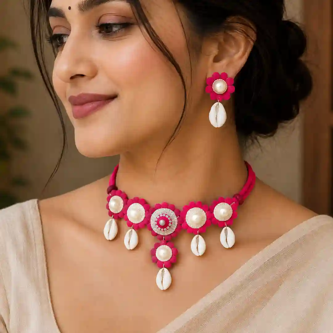 Handmade Red Jute Floral Choker Necklace Set