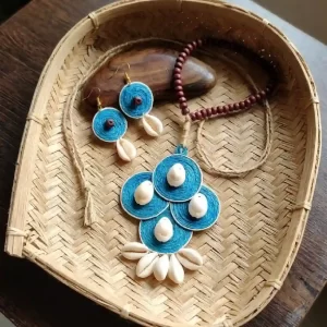 Artistic Turquoise Blue Jute & Cowrie Necklace Set