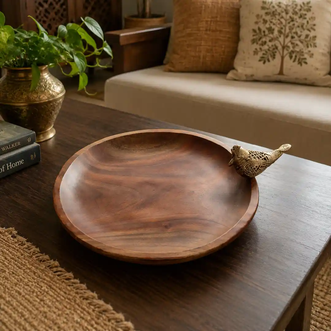 Artisanal Mahogany Wood Tray with Dokra Bird
