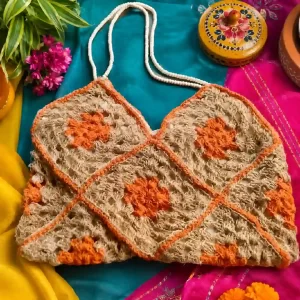 Natural Beige & Orange Jute Shoulder Bag