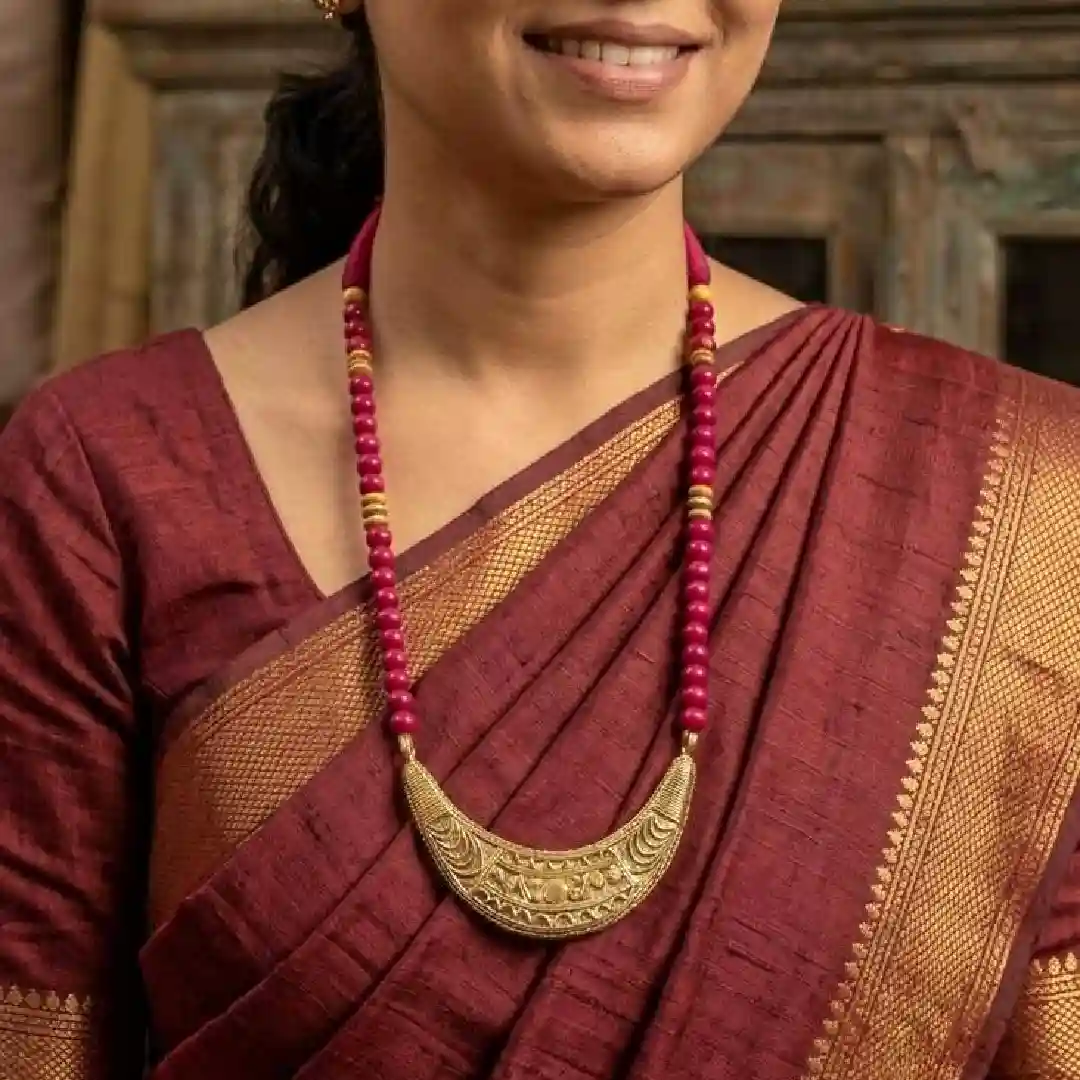 Maroon Beaded Dokra Ethnic Necklace