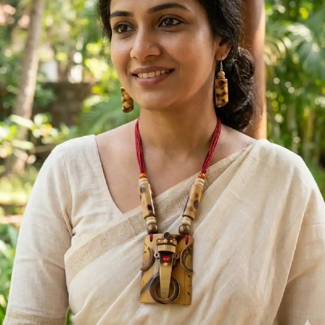 Handcrafted Natural Bamboo Ganesha Pendant Necklace & Earrings Set