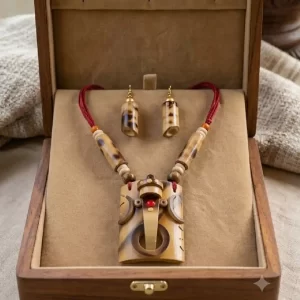 Handcrafted Natural Bamboo Ganesha Pendant Necklace & Earrings Set
