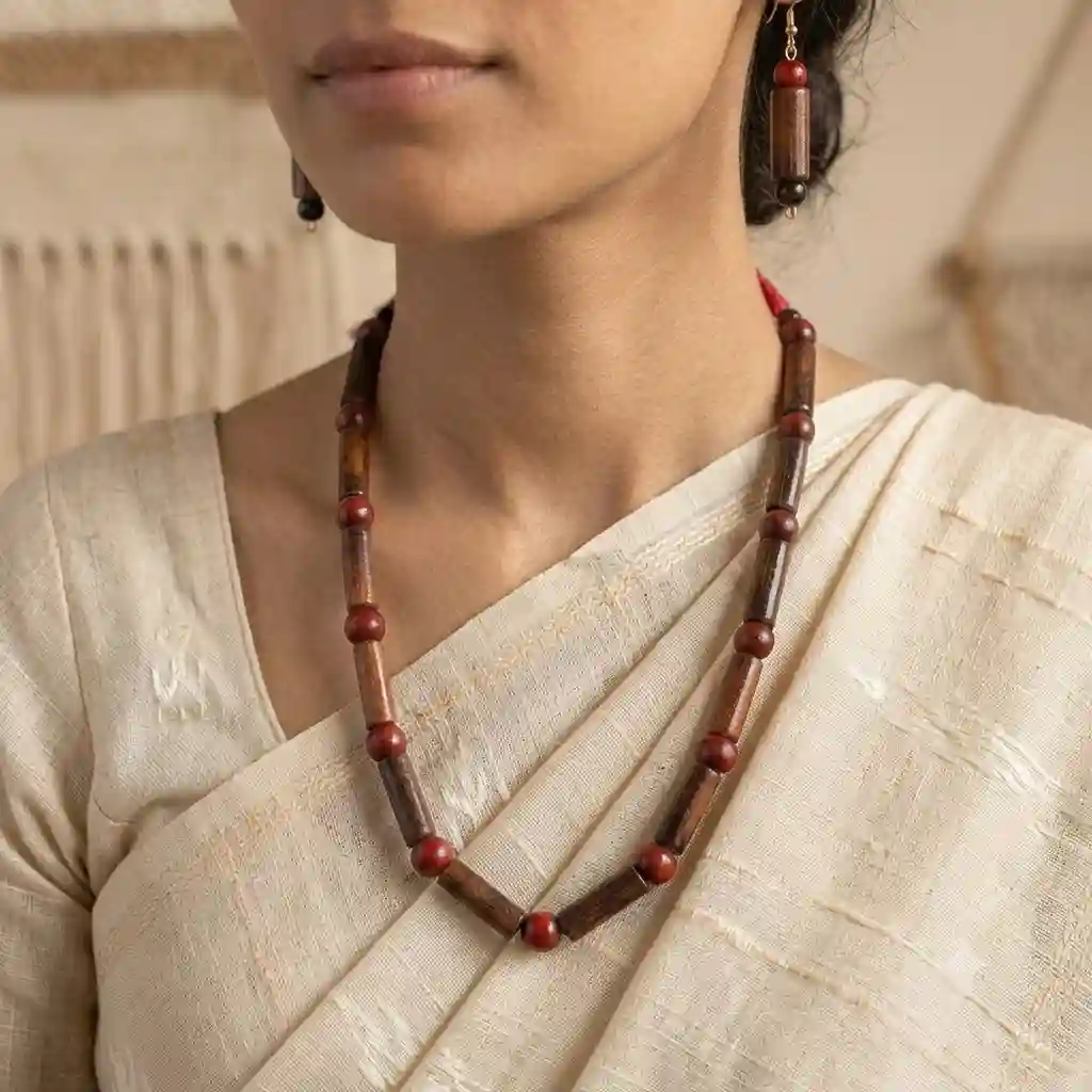 Traditional Bamboo Bead Necklace & Earrings